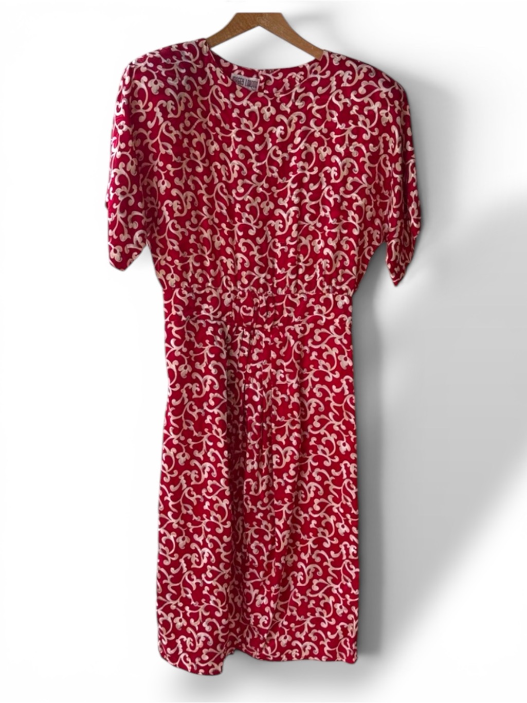 Vintage Dress 100% Silk Red Cream Print Maggy London By Jeannine Booher S M